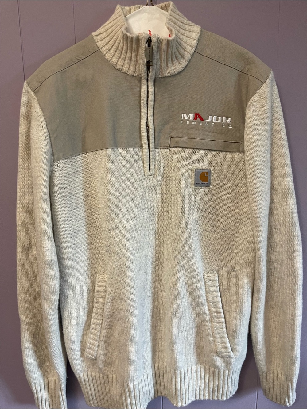 Carhartt Men's Light Gray Half-Zip Sweater with Major Cement Co. Patch